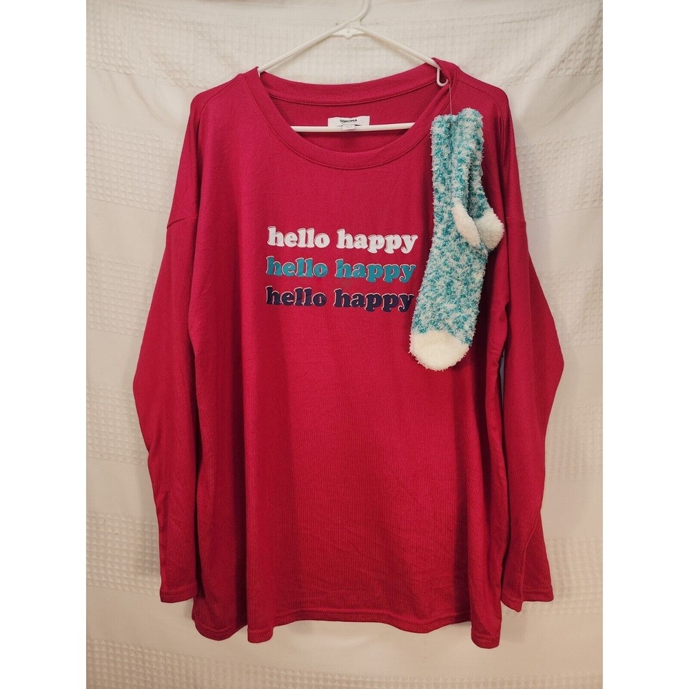 Sonoma Womens Pajama Top with Fuzzy Socks Pink Hello Happy Long Sleeve XL